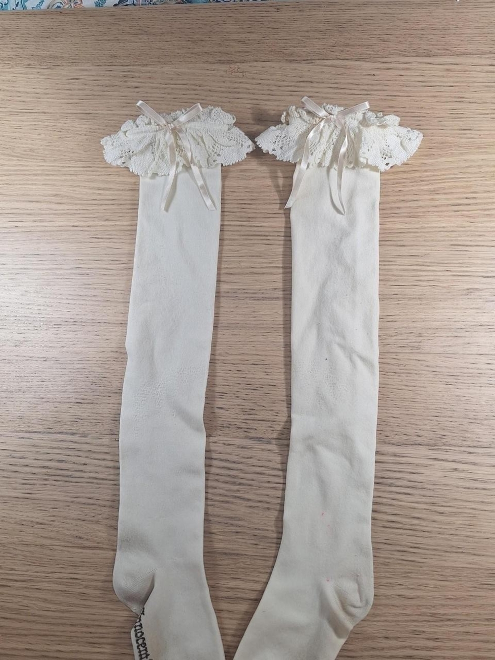 Innocent World Ivory Lace Cuff Ribbon OTK Socks | Classic Lolita